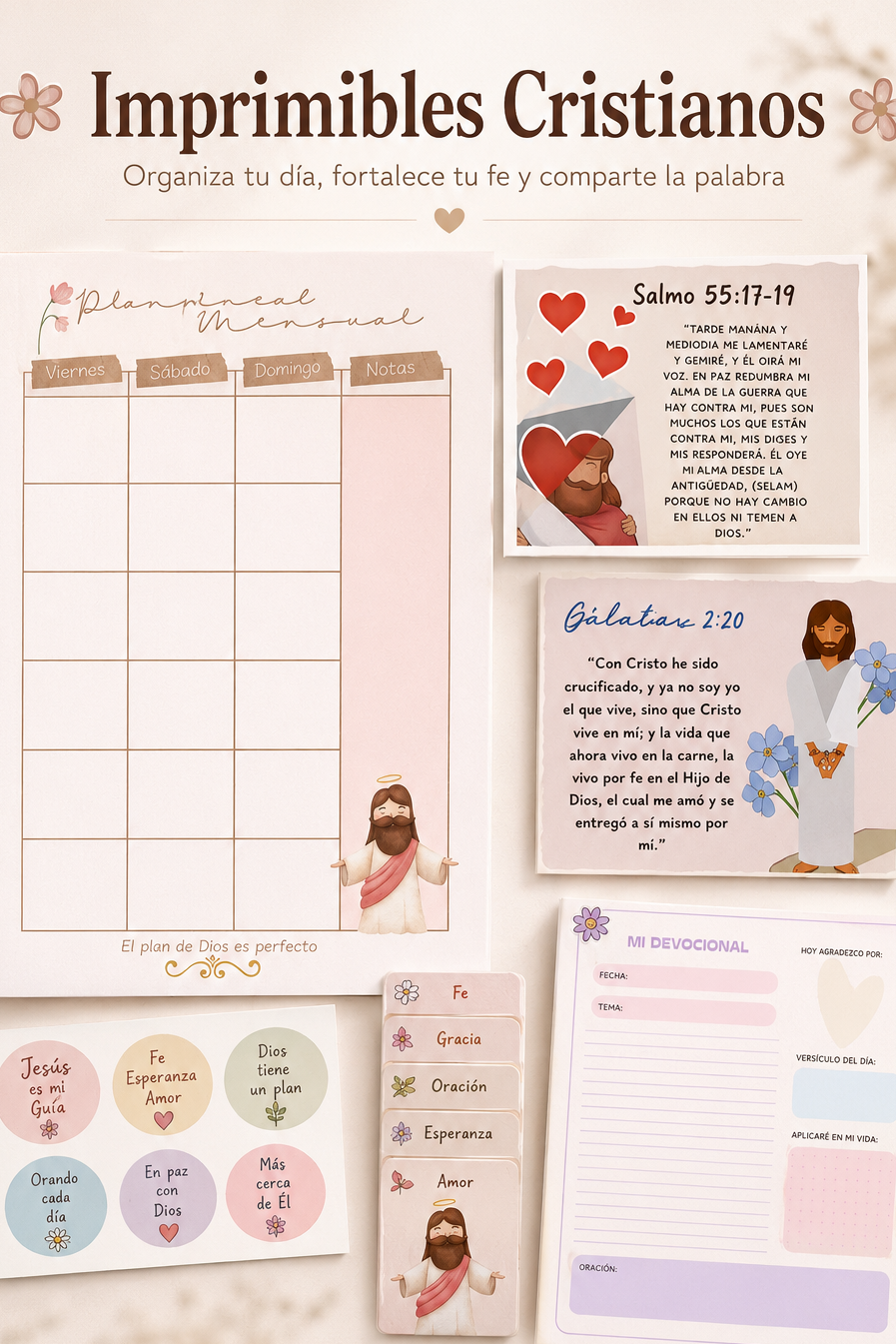 Pack imprimibles cristianos: Agenda, Cuaderno devocional, Mini Biblia Imprimible, Stickers y mas